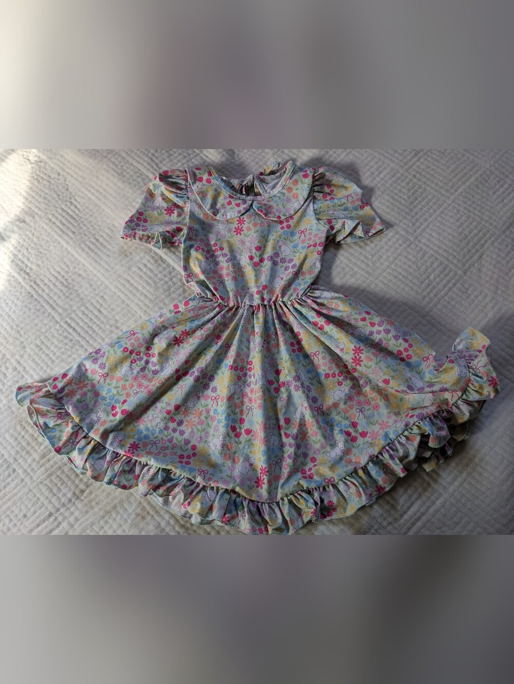 Girlhood Little Stocking Co Peter Pan Collar Twirl Dress Rabbit Garden Girl Sz 5